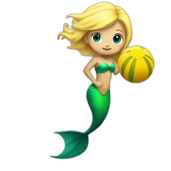 Underwater blond mermaid swimming with fins, snorkel equipement, holding a small yellow ball, looking strong and fighting emoji