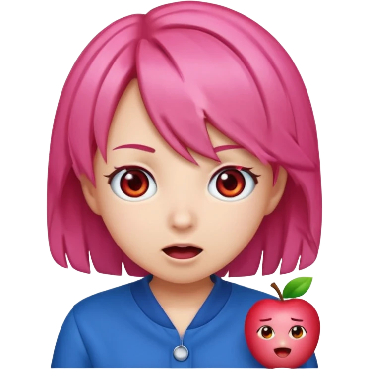 Teto Kasane emoji, apple style, pink twin-drill hair, red eyes, blue outfit, surprised expression emoji
