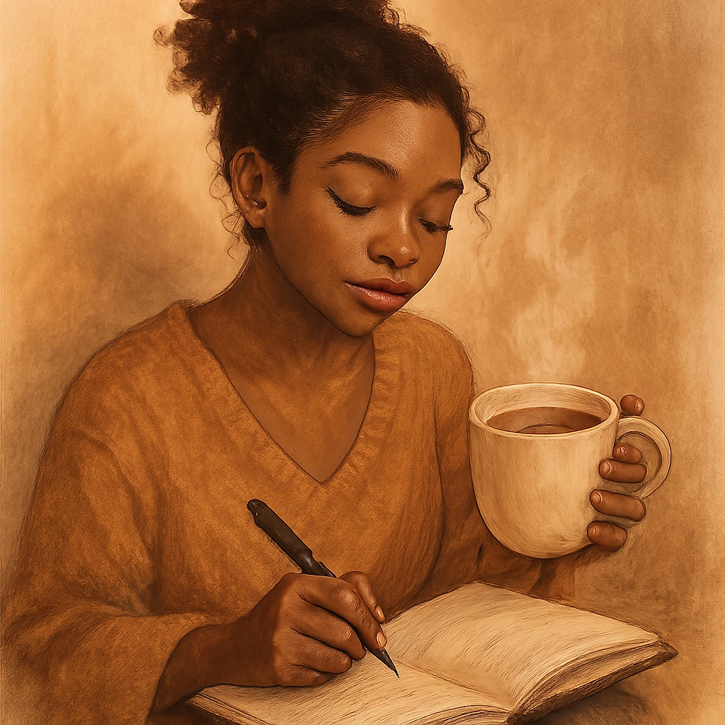 self care aesthetic, black girl with brown skin, journaling with a cup of tea, soft and warm setting emoji