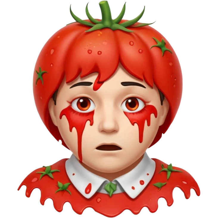 failed stage performer portrait, head and shoulders only, tomato splatters on face, embarrassed expression, torn theater costume collar, dramatic stage makeup, comedy tragedy vibe, 3D cartoon, mobile game icon style, clean background, no text, no watermark
 emoji