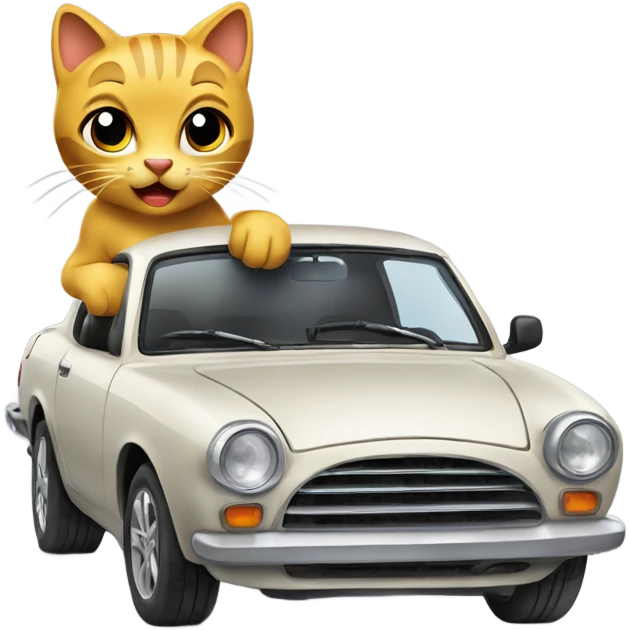 A cartoon emoji-style car with a curious cat peeking out from the open hood of the engine compartment. emoji