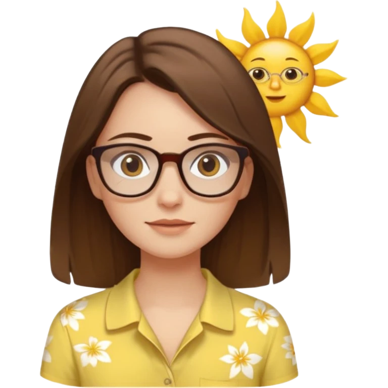 Hawaii female with white skin. Shoulder length straight brown hair. Brown eyes with glasses. Female wearing baby yellow shirt. emoji