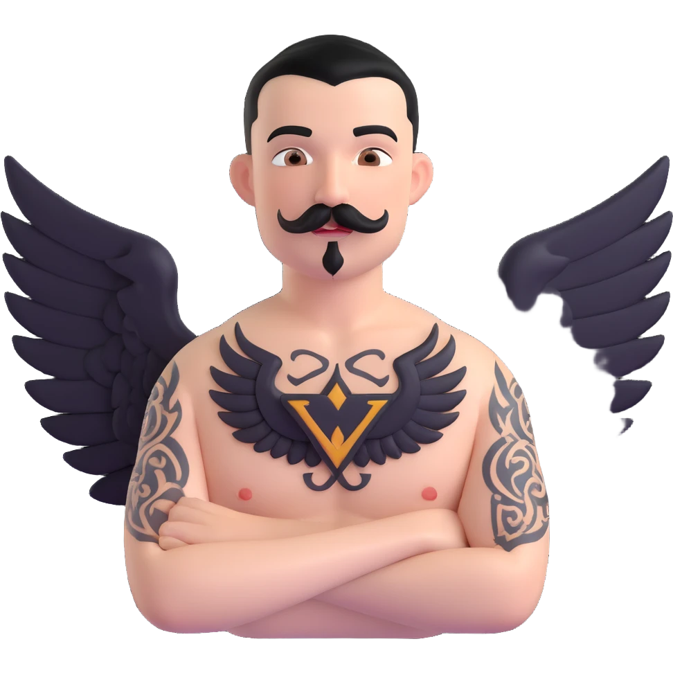 pumped up white male, buzz cut black hair, handlebar mustache black, two wings tattooed on his chest emoji