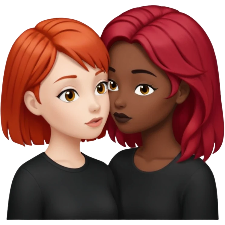 girl with red hair and another girl with black girl hair kissing emoji
