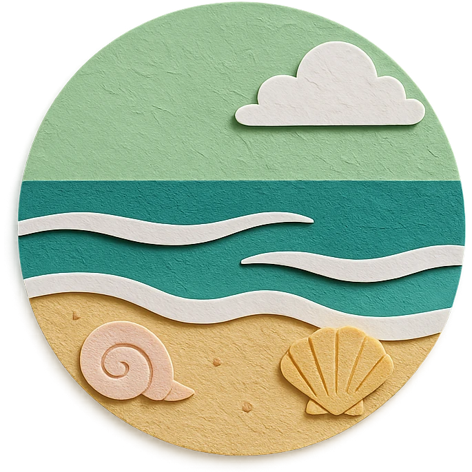 view of the ocean from the beach with sand, shells, and gentle waves, green and white emoji