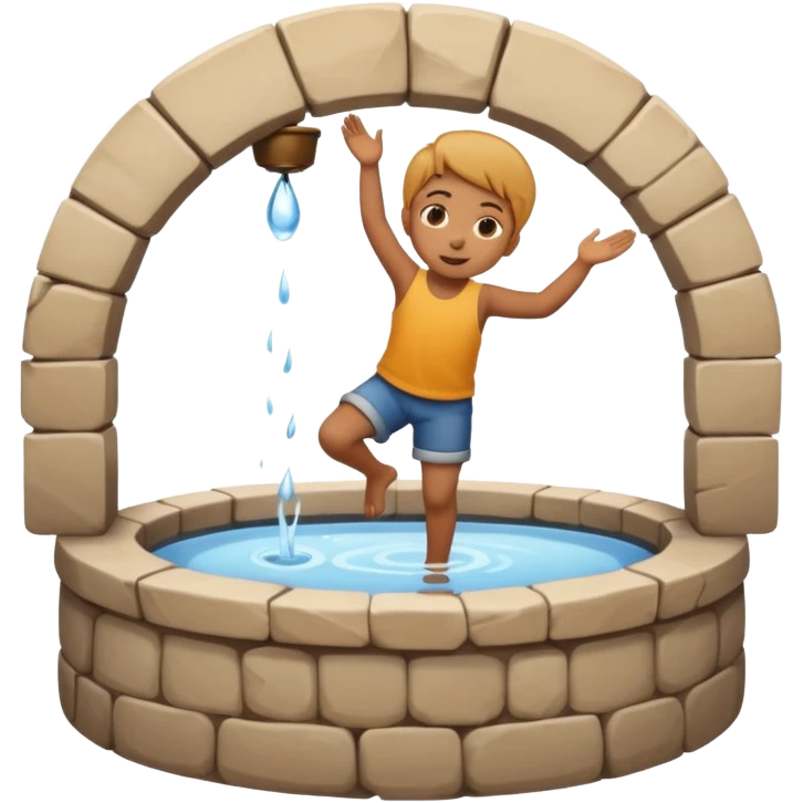 Create a clean emoji-style icon showing a small child falling into a round stone water well. The well must be clearly recognizable: circular stone rim, dark opening. Show the child mid-air, tilted downward above the well with simple motion lines. emoji
