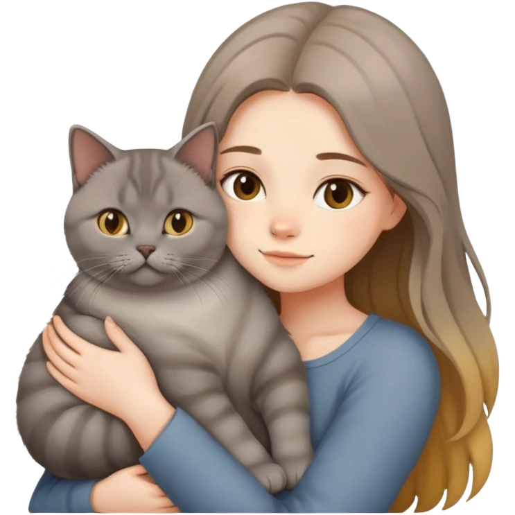 A long-haired girl hugs a British shorthair cat with a brown gradient to light yellow color emoji