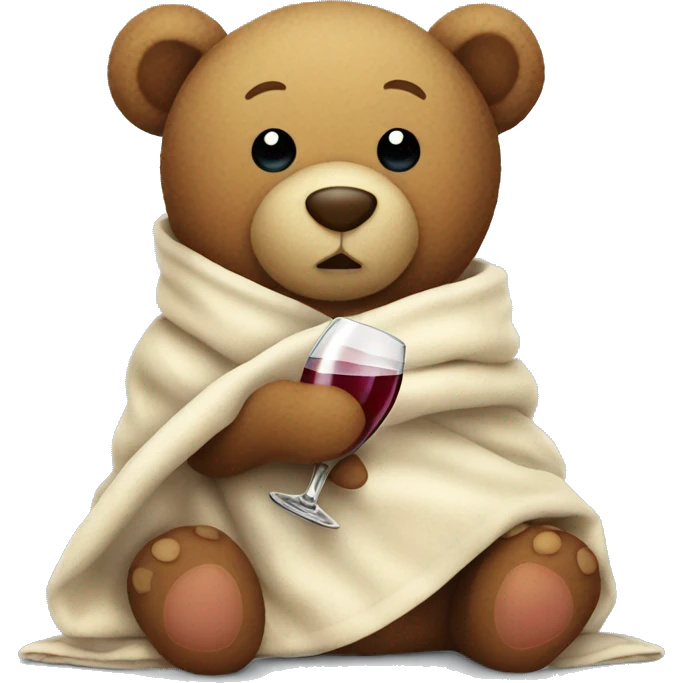 a Christmas teddy happy bear wrapped in a blanket drinks wine emoji