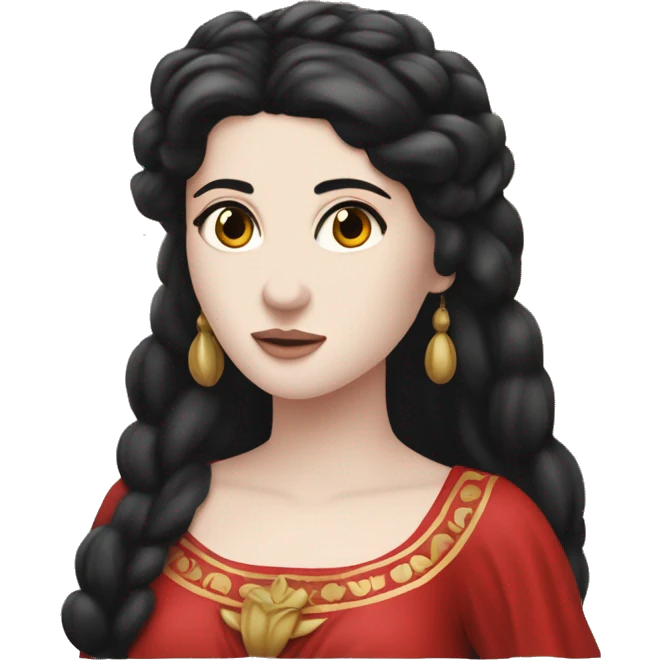 goddess persephone with dark black hair, pale skin, and a red Greek dress ￼ emoji