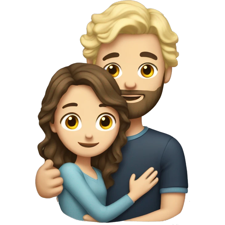 Brunette girl with wavy hair hugging blond boy lovingly couple he has a blond beard emoji