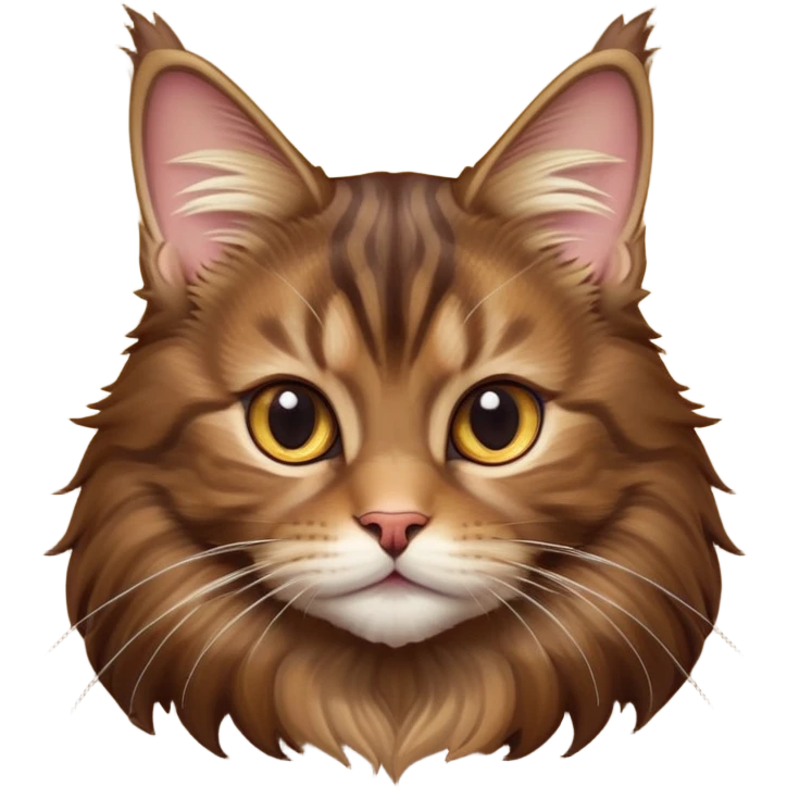 cinematic-cute brown-maine-coon-cat-portrait-emoji,-head-tilted-playfully-and-inquisitively,-sleek--brown-and-gold-tones-with-hints-of-deep-auburn-fur,-simplified-yet-adorable-features,-highly-detailed,-glowing-with-a-warm,-friendly-glow  emoji