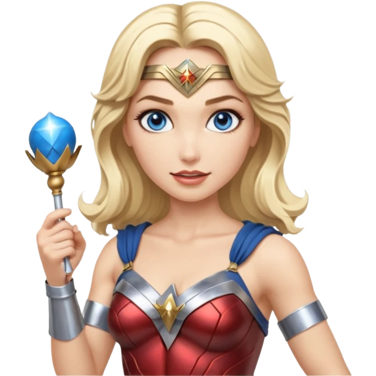 Blonde blue eyes Wonder Woman holding bell and short, thin, white baton emoji
