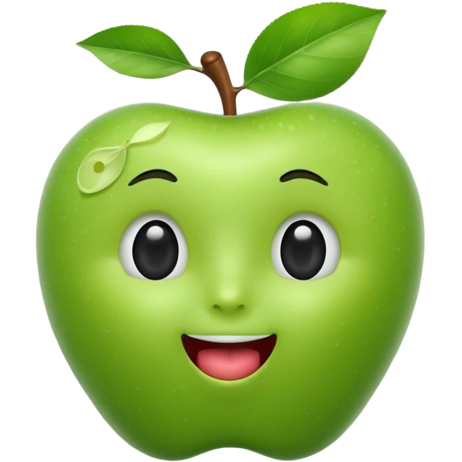 3D iOS-style emoji of a green apple with a cute human face: glossy, soft shading, big black eyes, tiny nose, open mouth with tongue, stem and leaf on top, white background emoji