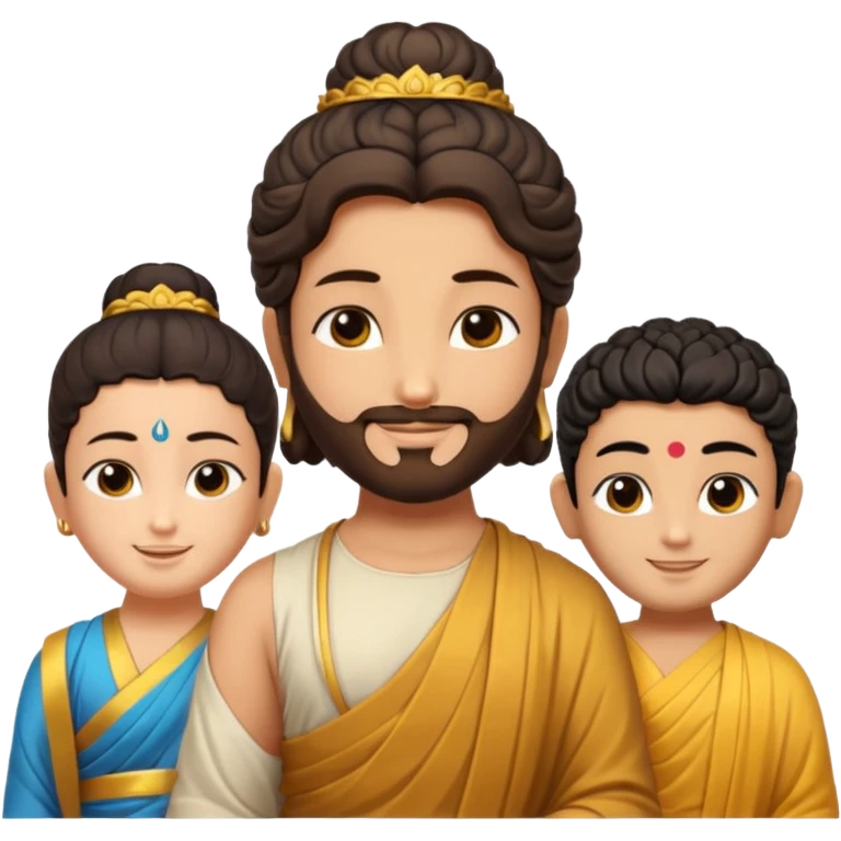 Create a Jesus, Krishna, and Buddha standing together. Buddha: warm golden or light tan skin, dark curled hair with a traditional top bun (ushnisha), half-closed meditative eyes

 emoji