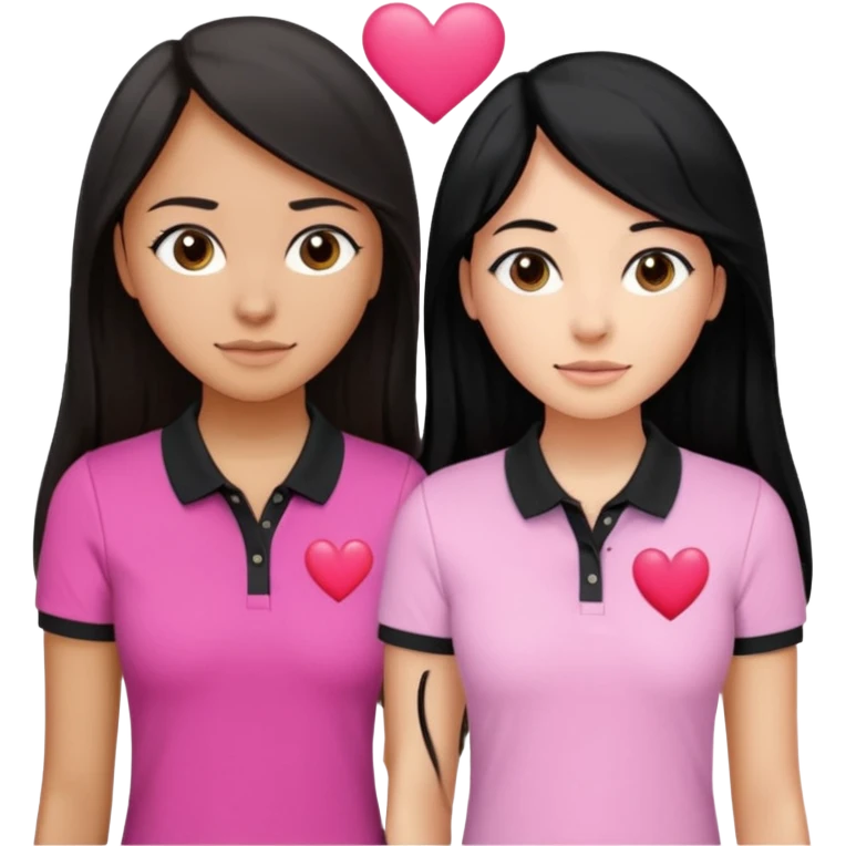 Dos mujeres juntas que una sea de color trigueña y de color blanca, cabello largo negro sea la de piel blanca y la de piel trigueña cabello castaño raya en medio, tengan polo blanco y negro y tengan un corazon rosado arriba emoji