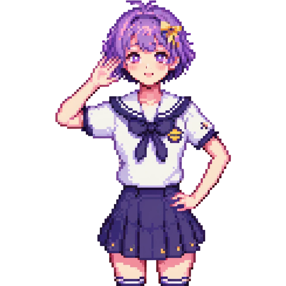 Pixel art anime schoolgirl with short bright purple hair in Japanese sailor uniform, standing with one hand on hip trying to look brave but shyly waving with pink blush across face emoji