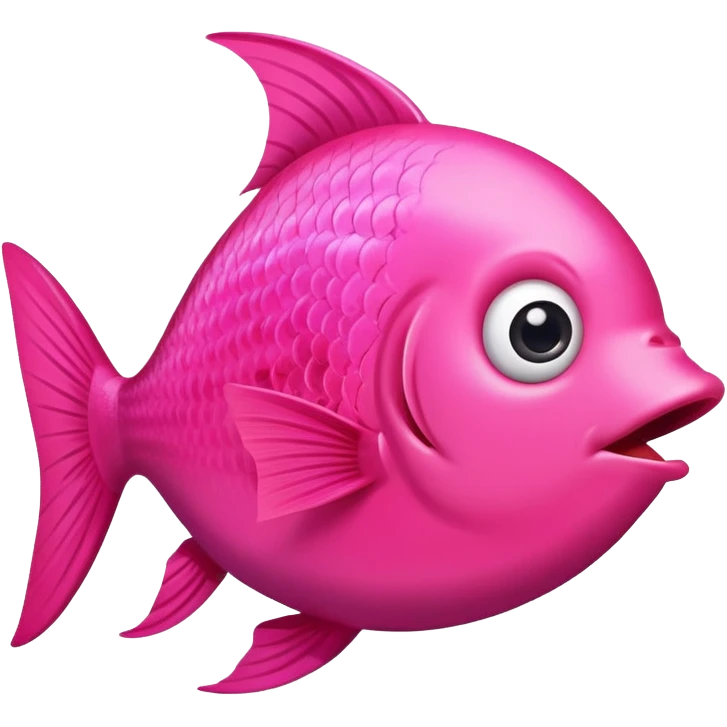 extremely derpy bright pink fish in perfect side profile facing right, wide surprised eye, big open mouth with visible tongue, stupid gaping expression, flat 2D side view only emoji