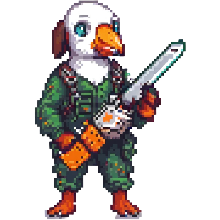 puffin with a chainsaw, pixel art style emoji