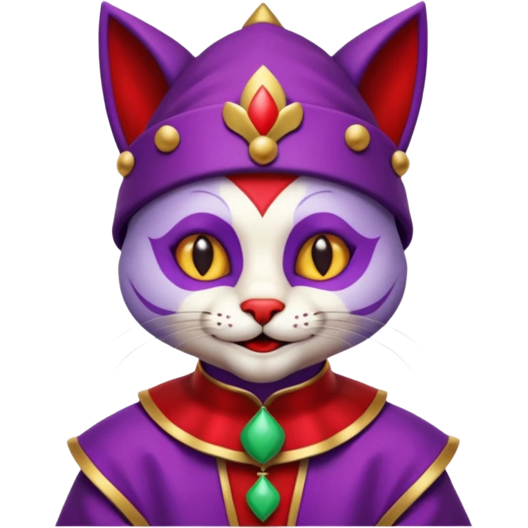 crazy colorful cute little cat jolly joker from poker, medieval, vintage, court jester, mac os icon, purple and red color, half body emoji