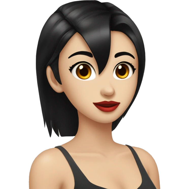 pretty girl with black hair reaching below the armpits with hime cut hairstyle. red lips, brown eyes, fair skin emoji
