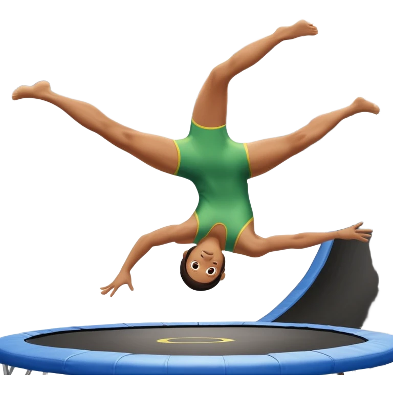 An athletic person soaring high above a trampoline, executing an acrobatic flip with perfect form. The scene captures motion and energy, with a dynamic pose, stretched limbs, and a focused expression. The background suggests a professional trampoline arena with safety padding. emoji
