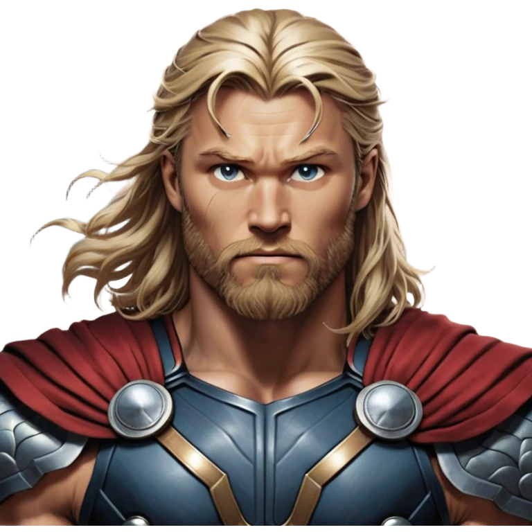 Cinematic Realistic Thor Portrait, depicted with lifelike skin texture and a commanding, muscular build that radiates divine strength. His piercing eyes, framed by rugged, flowing hair and a well-groomed beard, exude both determination and amiable authority. Clad in his signature armor with subtle hints of mystical lightning, the portrait is rendered in dynamic natural lighting with a radiant, heroic glow. emoji
