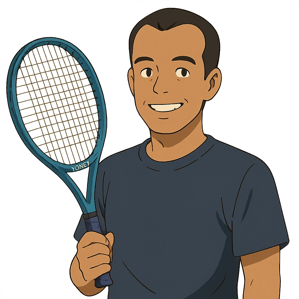 ghibli style light brown skinned tennis coach, short straight black hair with widow's peak, oval face, small eyes, smiling, holding blue Yonex racket, wearing navy blue dry fit shirt emoji