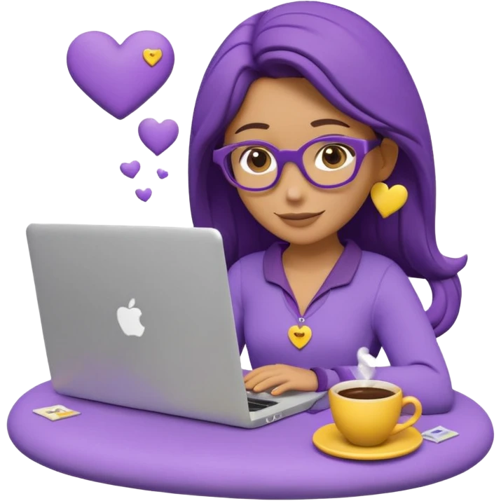 3D clay character relaxed with laptop and coffee, floating icons (envelope, heart, dollar), purple (#8B5CF6) outfit, bright yellow (#FBBF24) icons, white laptop, Pixar style, transparent background emoji