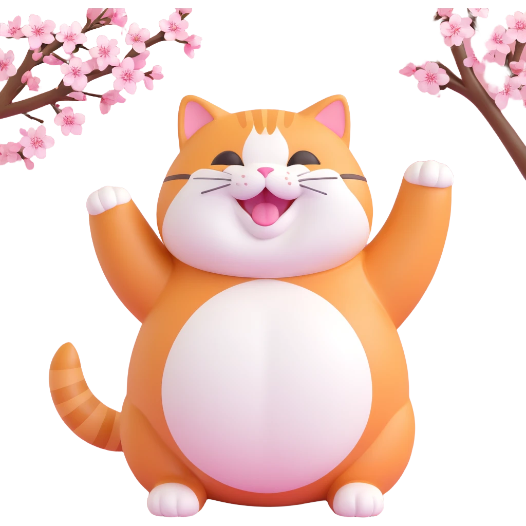 chubby orange tabby cat with white face and belly, surrounded by pink cherry blossoms, pink background, sparkles, Japanese characters, 3D iOS emoji style emoji