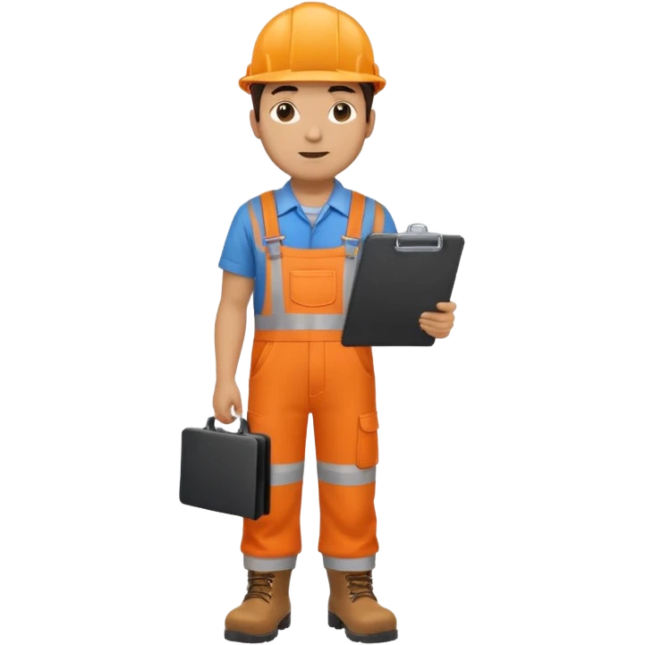 Male railway engineer orange overalls, boots holding a clipboard in one hand emoji