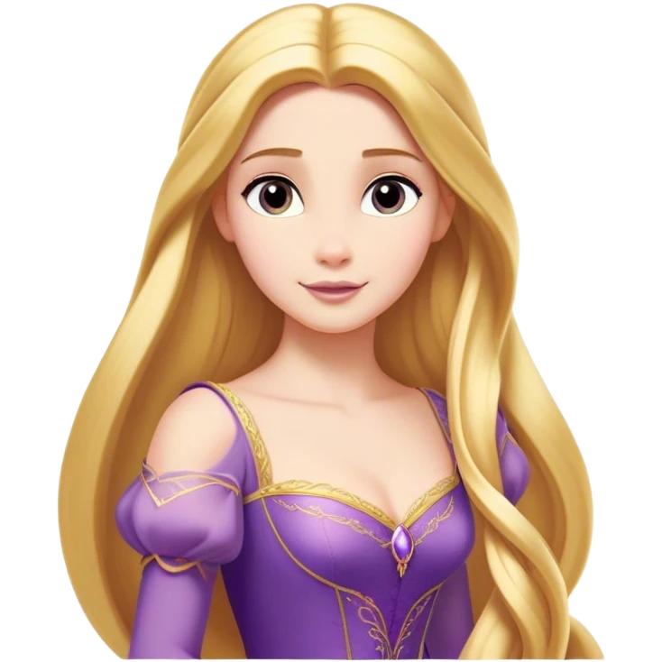 Cinematic Majestic Rapunzel Portrait Emoji, rendered in a clean, vector-style with bold, simplified shapes. Show Rapunzel with a serene, graceful expression, luminous fair skin, and elegantly styled long golden hair, accented by her classic purple gown. The design radiates a majestic, dreamlike glow with high shine and a soft glowing outline, embodying regal beauty. emoji
