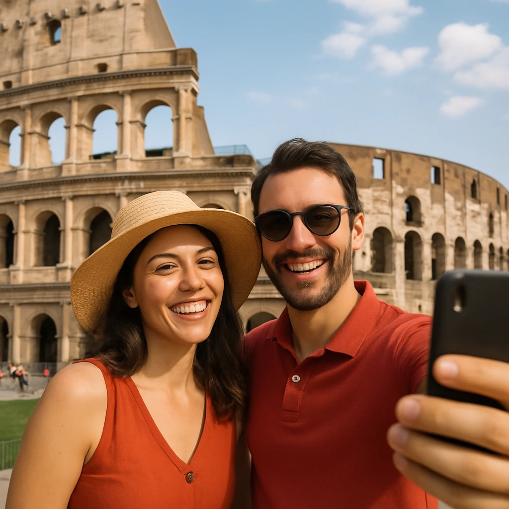 an Italian tourist couple, one with a sunhat, the other with sunglasses, taking a selfie in front of a landmark emoji