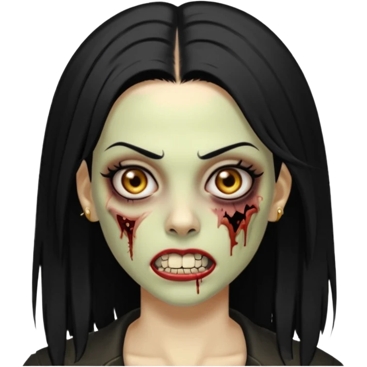Faça uma zombie mulher com grillz com olhos castanhos cabelos liso preto partido ao meio e estilo baddie emoji