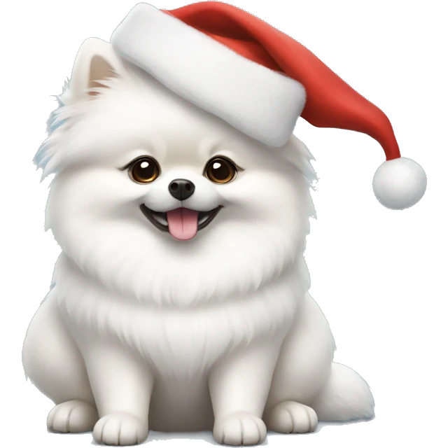 White Pomeranian in a Christmas hat emoji