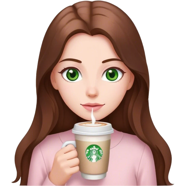 pretty woman with very long brown hair and green eyes and light pink outfit with a latte emoji