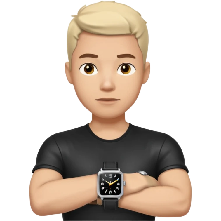 man wearing a black strap watch on his wrist portrait, head and shoulders only, wrist clearly visible, black leather strap watch worn on arm, confident expression, 3D cartoon, mobile game icon style, clean background, no text, no watermark
 emoji