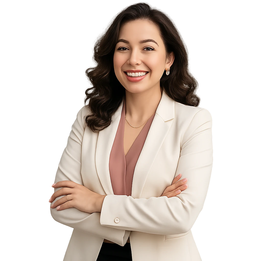 a beautiful, fancy woman as a happy and relaxed project manager, in a professional yet cheerful pose emoji
