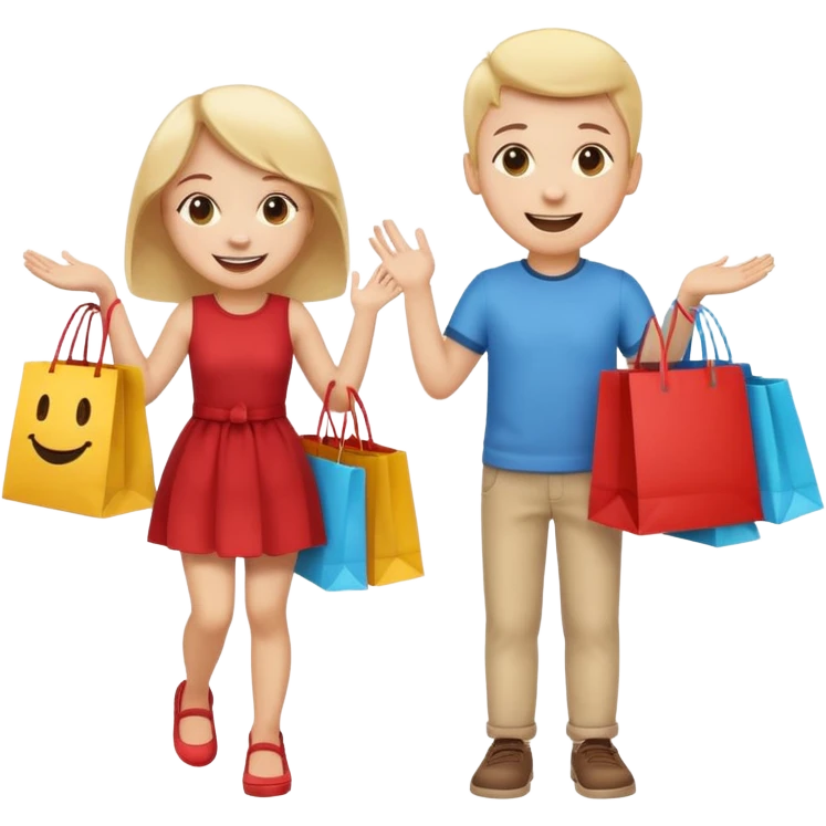 HAPPY SMILEY FACE BOY AND GIRL WITH HANDS AND FEET EMOJI WITH SHOPPING BAGS IN EACH HAND emoji
