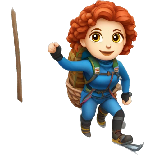 Greek Female winter mountaineer red hair white skin climbing with Greek Flag and Easter eggs basket emoji