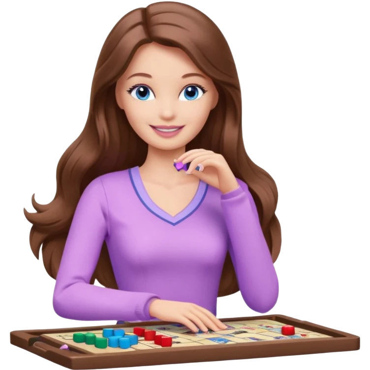 beautiful barbie girl with long brown hair, blue eyes and wearing light purple clothes playing board games emoji