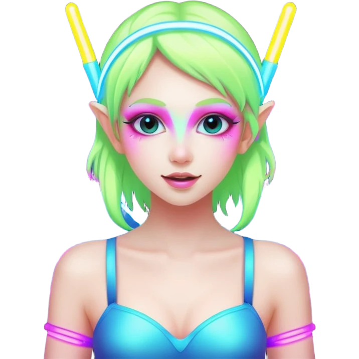 hard techno rave fairy, neon colors, glow sticks, energetic pose, minimal background emoji