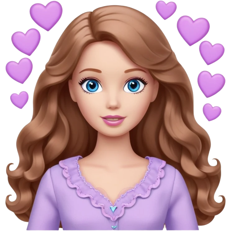 Barbie girl Chestnut long wavy hair and blue eyes is In pale purple clothes There are grey hearts all around emoji