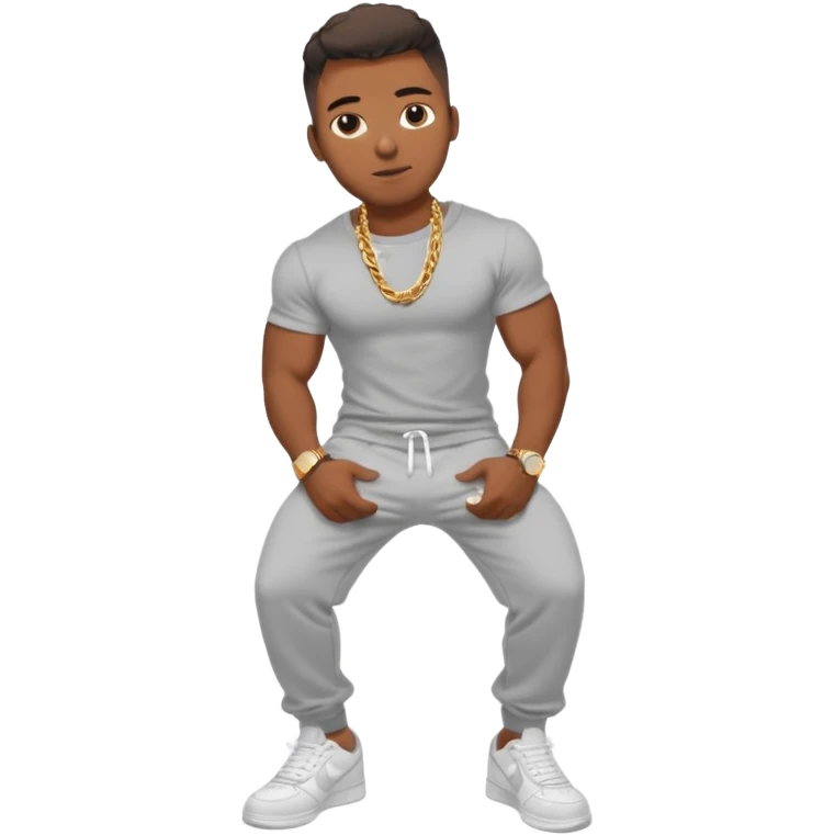 Handsome Black guy with brown skin tone, with muscular build, wearing gray sweatpants, a white t-shirt, white Air Force Ones sneakers, a small gold rope chain, and a gold watch  emoji
