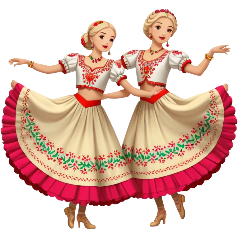 Cinematic Realistic scene of two dancers performing the Mazurka, dressed in vibrant traditional Polish costumes with intricate embroidery and flowing skirts, captured in graceful motion with warm, festive lighting emoji