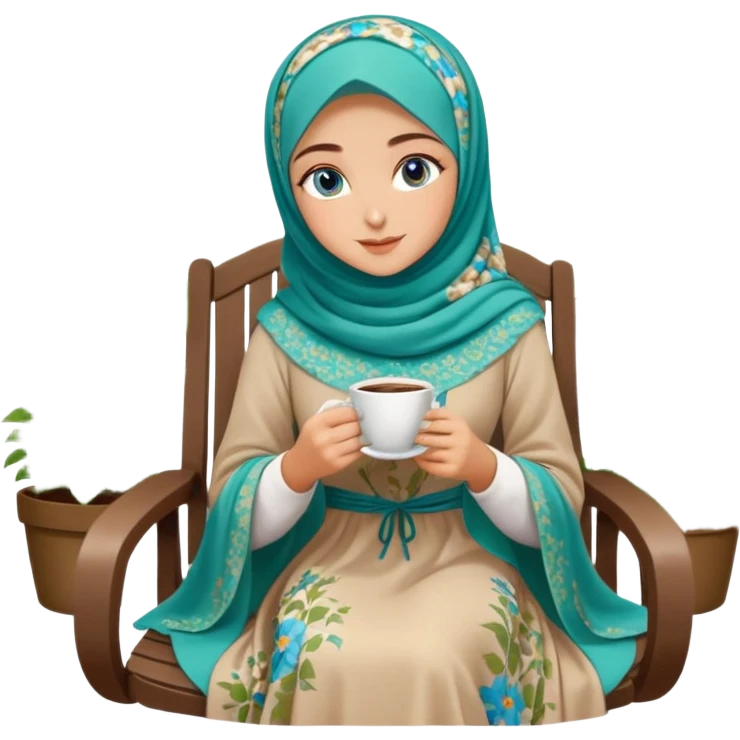 Turkish beautiful finish Konya girls blue eyes with Beautiful light brown green floral hijab long tail dress and in a lovely garden sits on the chair on the ground and holds cup coffe with her hand  emoji