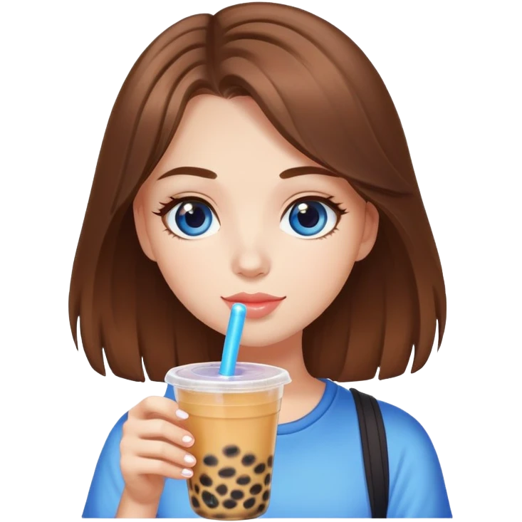 White girl with brown hair and blue eyes drinking bubble tea emoji