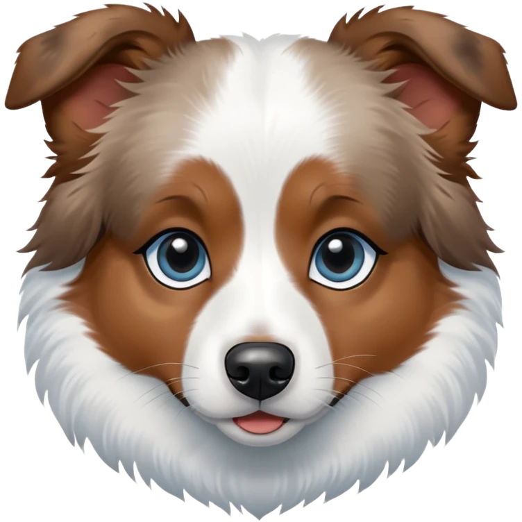 A mini Australian shepherd with white hair and black spots over her eyes. One eye is light blue, and the other is brown emoji