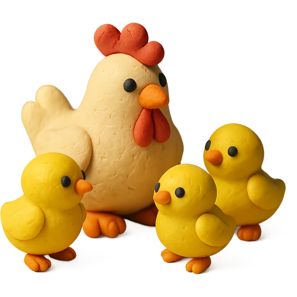 mother hen surrounded by three yellow chicks, playful and cute, matte finish emoji