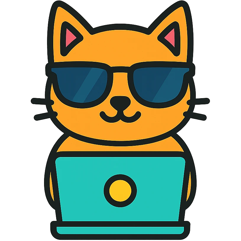 cat with sunglasses using a computer, colorful outline icon style emoji