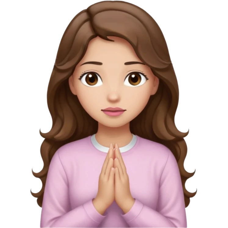 girl with wavy long brown hair, brown eyes, light to medium complexion, long lashes, light pink lipstick, praying, wearing light pink shirt emoji